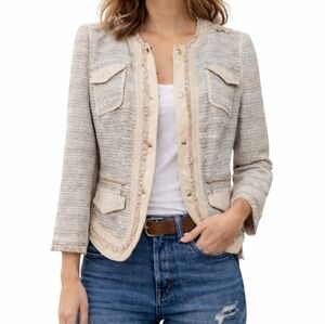 White House Black Market Tweed Jacket Blazer Size 10 Fringe Trim Classic Office